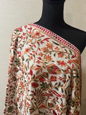 Embroidered Floral Cream Shawl with Red & Green Accents